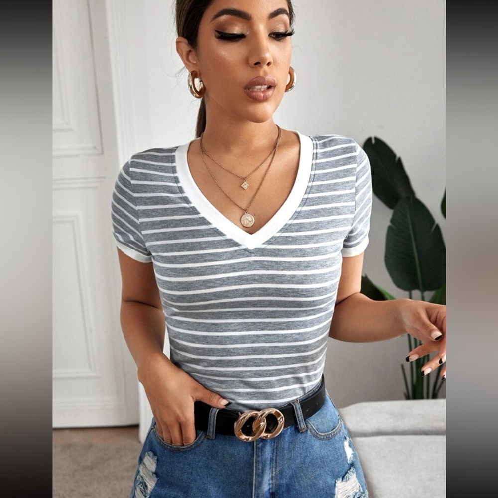 Striped V Neck Tee
